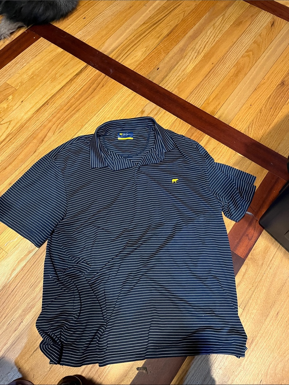 Men's Navy Striped Polo Shirt with Yellow Logo